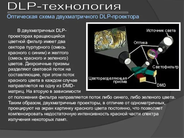 В двухматричных DLP-проекторах вращающийся цветной фильтр имеет два сектора пурпурного (смесь красного