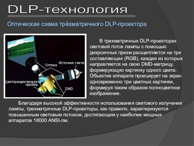 В трехматричных DLP-проекторах световой поток лампы с помощью дихроичных призм расщепляется на