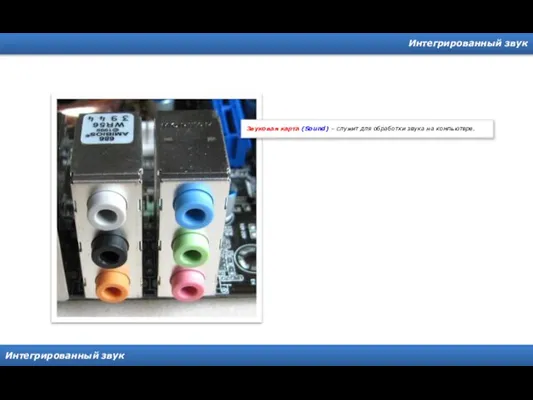 Интегрированный звук Интегрированный звук Звуковая карта (Sound) – служит для обработки звука на компьютере.