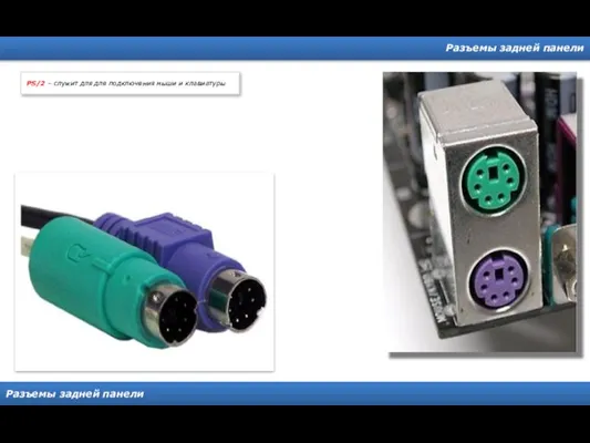 Разъемы задней панели Разъемы задней панели PS/2 – служит для для подключения мыши и клавиатуры