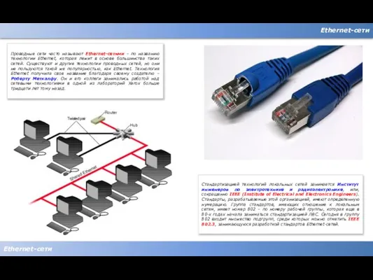 Ethernet-сети Ethernet-сети Проводные сети часто называют Ethernet-сетями – по названию технологии Ethernet,