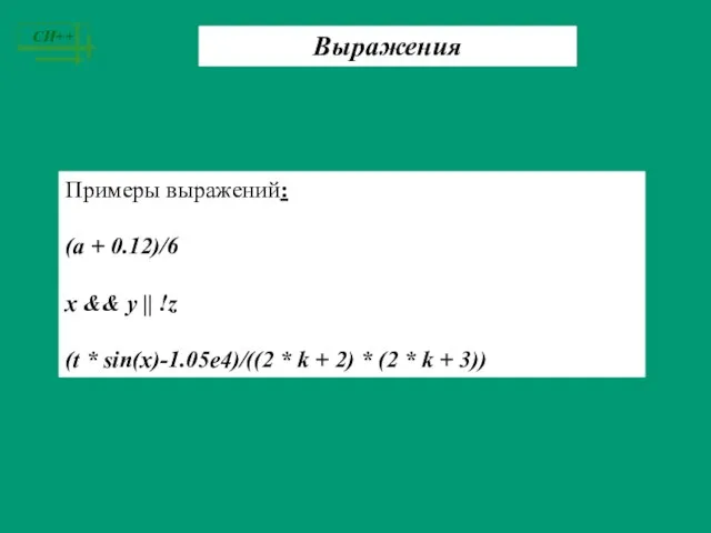 Примеры выражений: (a + 0.12)/6 x && y || !z (t *