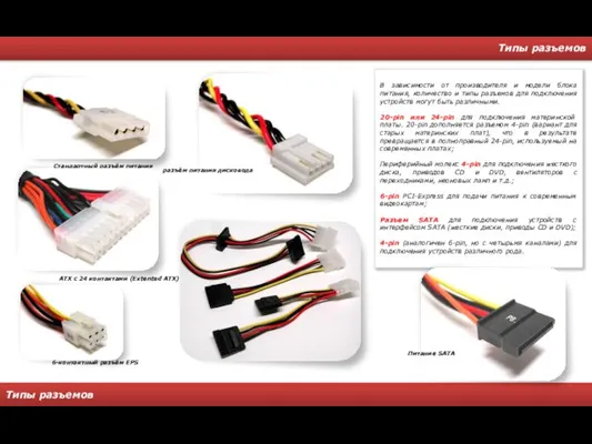 Типы разъемов Типы разъемов В зависимости от производителя и модели блока питания,