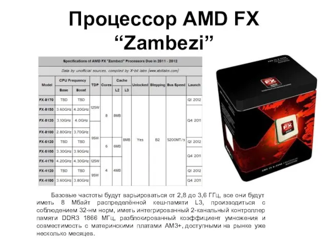 Процессор AMD FX “Zambezi” Базовые частоты будут варьироваться от 2,8 до 3,6