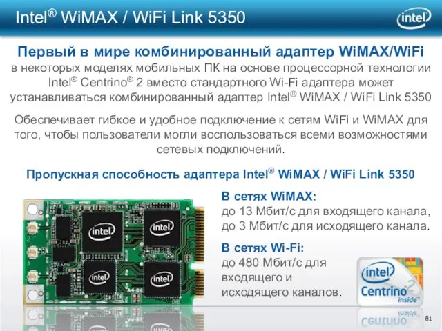 Intel® WiMAX / WiFi Link 5350 Первый в мире комбинированный адаптер WiMAX/WiFi