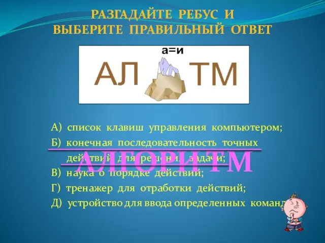 А) список клавиш управления компьютером; Б) конечная последовательность точных действий для решения