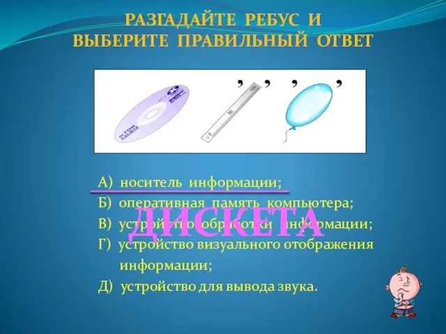 А) носитель информации; Б) оперативная память компьютера; В) устройство обработки информации; Г)