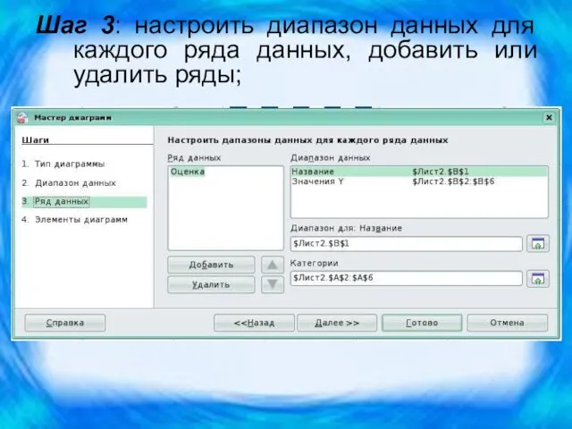 Шаг 3: настроить диапазон данных для каждого ряда данных, добавить или удалить ряды;