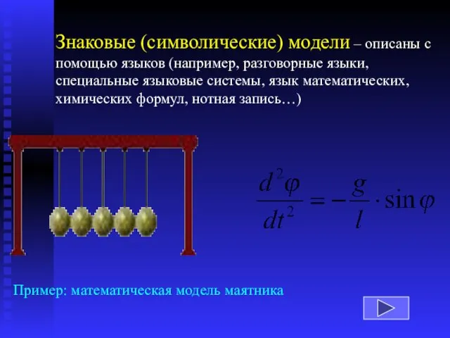 Пример: математическая модель маятника Знаковые (символические) модели – описаны с помощью языков