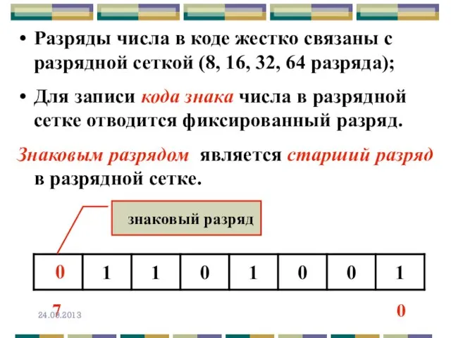 Разряды числа в коде жестко связаны с разрядной сеткой (8, 16, 32,