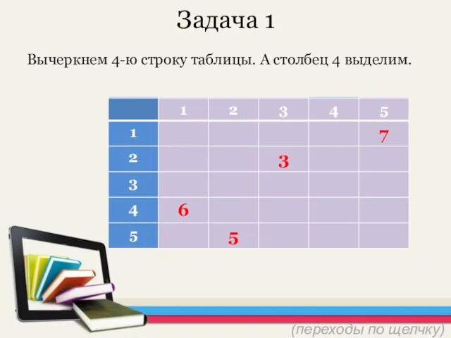 Задача 1 Вычеркнем 4-ю строку таблицы. А столбец 4 выделим. (переходы по щелчку)