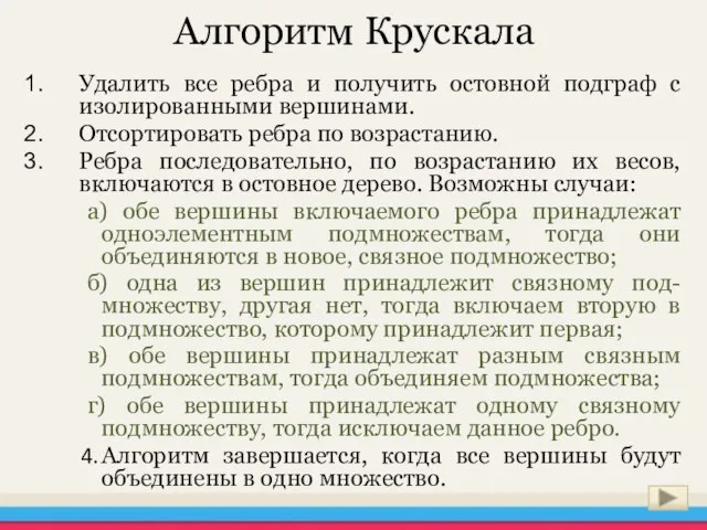 Алгоритм Крускала Удалить все ребра и получить остовной подграф с изолированными вершинами.