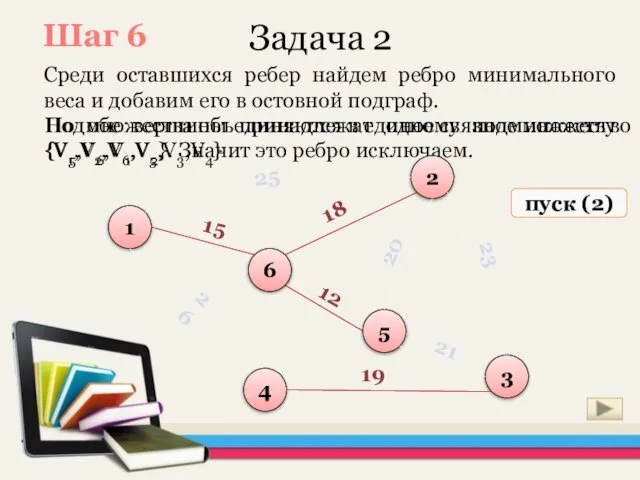 Но обе вершины принадлежат одному подмножеству {V5,V6,V1,V2}. Значит это ребро исключаем. Задача