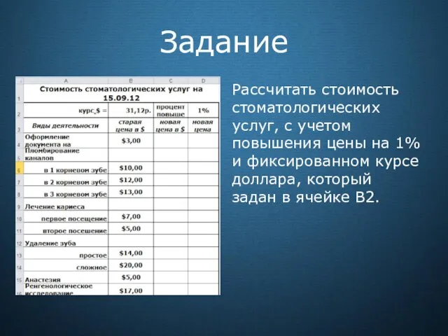 Задание Рассчитать стоимость стоматологических услуг, с учетом повышения цены на 1% и