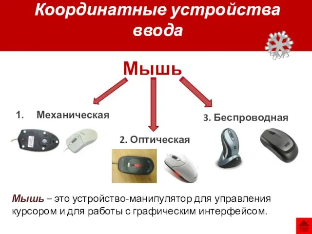 Координатные устройства ввода Механическая 2. Оптическая 3. Беспроводная Мышь Мышь – это