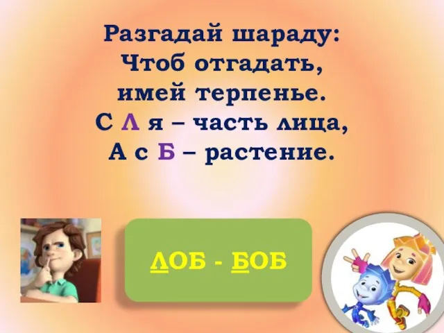 Разгадай шараду: Чтоб отгадать, имей терпенье. С Л я – часть лица,