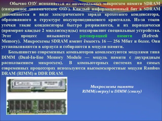 Обычно ОЗУ исполняется из интегральных микросхем памяти SDRAM (синхронное динамическое ОЗУ). Каждый