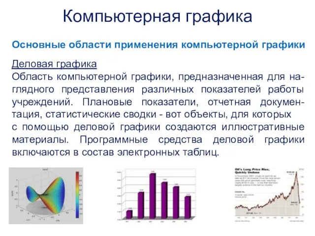 Деловая графика Область компьютерной графики, предназначенная для на-глядного представления различных показателей работы