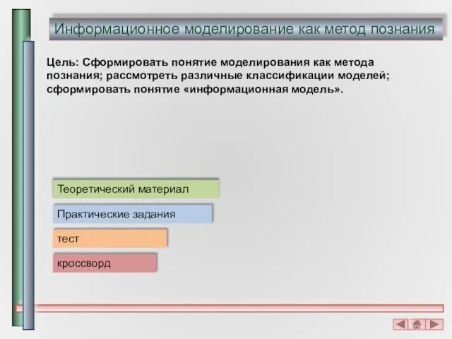 Цель: Сформировать понятие моделирования как метода познания; рассмотреть различные классификации моделей; сформировать