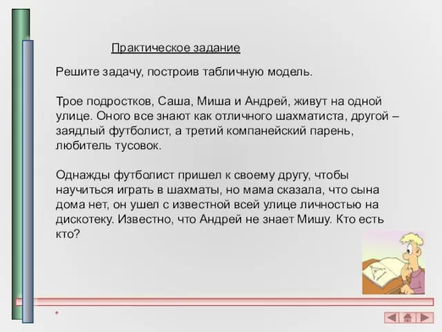 Практическое задание Решите задачу, построив табличную модель. Трое подростков, Саша, Миша и