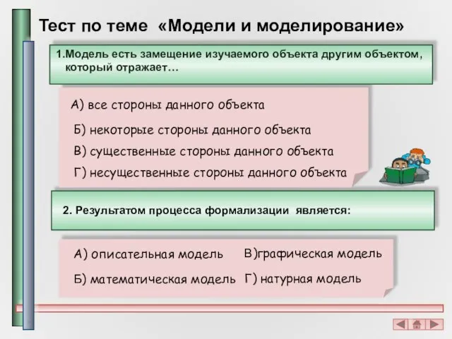 Тест по теме «Модели и моделирование» 1.Модель есть замещение изучаемого объекта другим