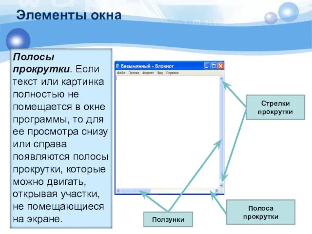 Ползунки Полоса прокрутки Стрелки прокрутки Элементы окна