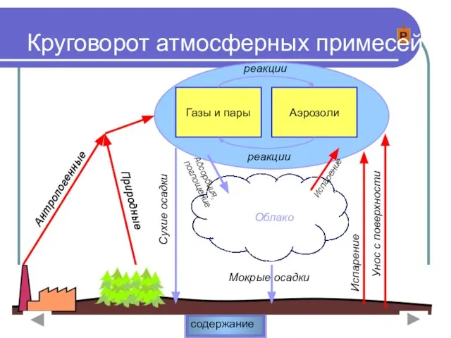 Круговорот атмосферных примесей Аэрозоли Газы и пары реакции реакции Сухие осадки Унос