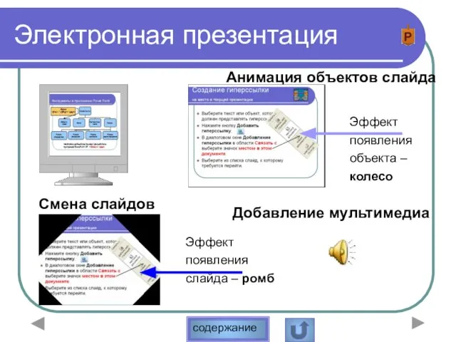 Электронная презентация Анимация объектов слайда Эффект появления объекта – колесо Смена слайдов