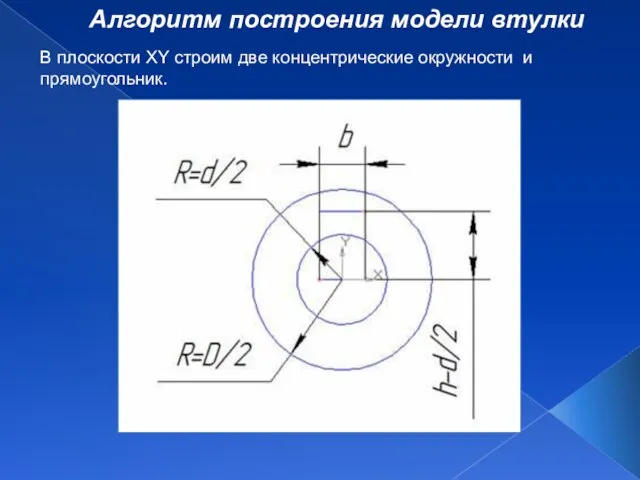 Алгоритм построения модели втулки В плоскости XY строим две концентрические окружности и прямоугольник.