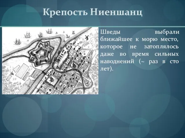 Крепость Ниеншанц Шведы выбрали ближайшее к морю место, которое не затоплялось даже