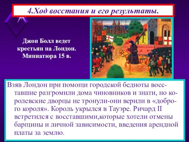 4.Ход восстания и его результаты. Взяв Лондон при помощи городской бедноты восс-тавшие