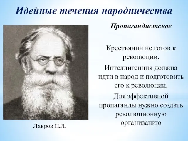 Идейные течения народничества Лавров П.Л. Пропагандистское Крестьянин не готов к революции. Интеллигенция