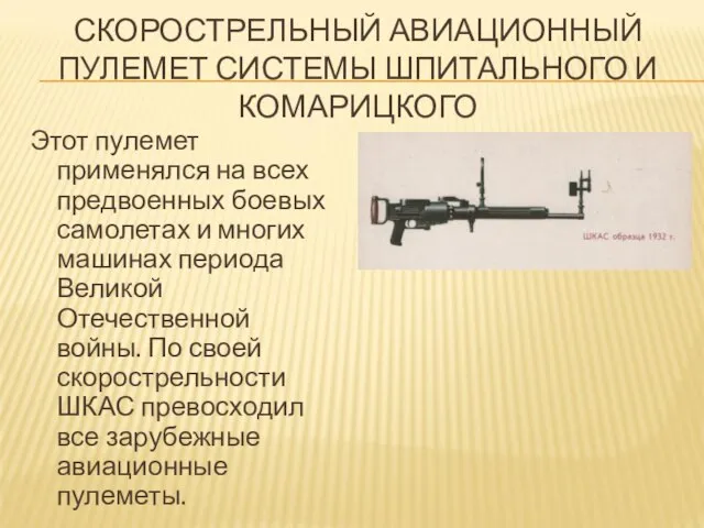 СКОРОСТРЕЛЬНЫЙ АВИАЦИОННЫЙ ПУЛЕМЕТ СИСТЕМЫ ШПИТАЛЬНОГО И КОМАРИЦКОГО Этот пулемет применялся на всех