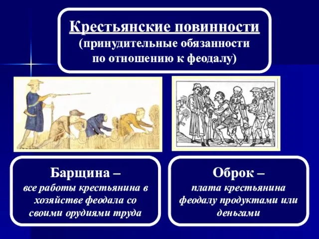 Барщина – все работы крестьянина в хозяйстве феодала со своими орудиями труда