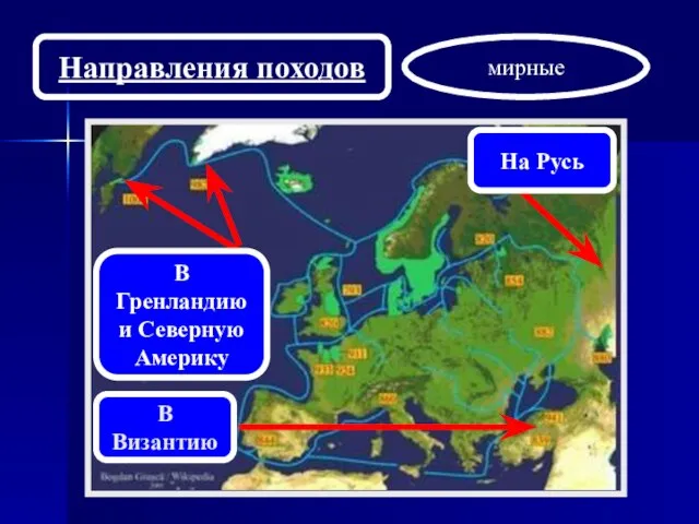 Направления походов В Византию мирные На Русь В Гренландию и Северную Америку