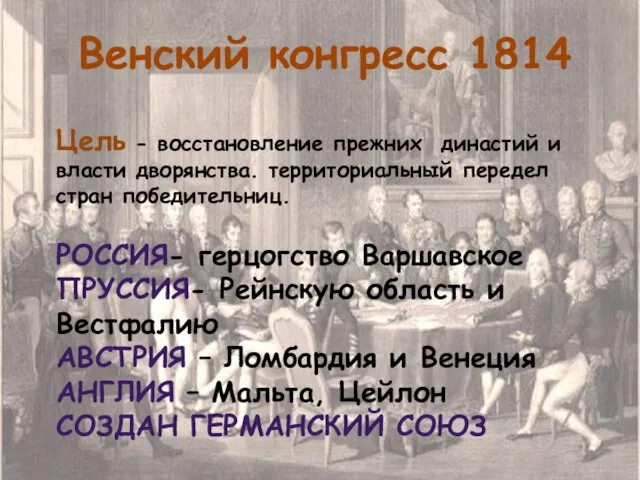 Венский конгресс 1814 Цель - восстановление прежних династий и власти дворянства. территориальный