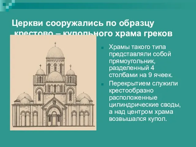 Церкви сооружались по образцу крестово – купольного храма греков Храмы такого типа