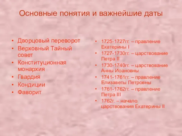 Основные понятия и важнейшие даты Дворцовый переворот Верховный Тайный совет Конституционная монархия