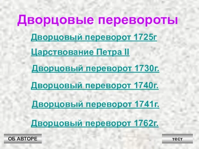 Дворцовые перевороты Дворцовый переворот 1725г Царствование Петра II Дворцовый переворот 1730г. Дворцовый