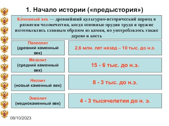 08/10/2023 1. Начало истории («предыстория») Ка́менный век — древнейший культурно-исторический период в