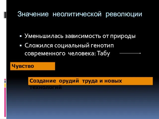 Значение неолитической революции Уменьшилась зависимость от природы Сложился социальный генотип современного человека: