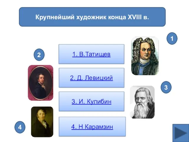 Крупнейший художник конца XVIII в. 1. В.Татищев 2. Д. Левицкий 3. И.