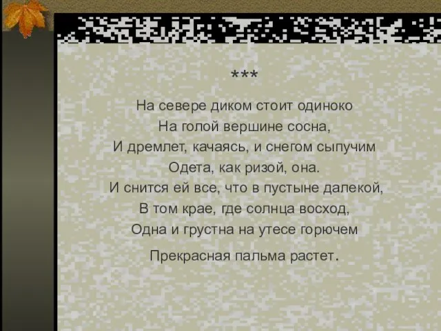 *** На севере диком стоит одиноко На голой вершине сосна, И дремлет,