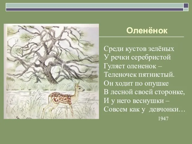 Оленёнок Среди кустов зелёных У речки серебристой Гуляет олененок – Теленочек пятнистый.