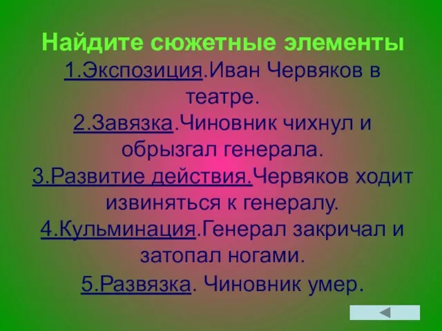 Найдите сюжетные элементы 1.Экспозиция.Иван Червяков в театре. 2.Завязка.Чиновник чихнул и обрызгал генерала.