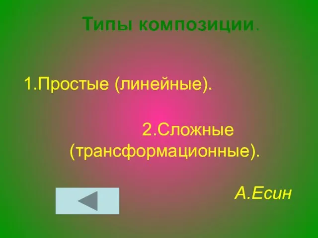 Типы композиции. 1.Простые (линейные). 2.Сложные (трансформационные). А.Есин