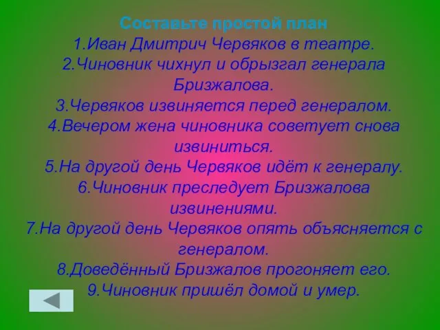 Составьте простой план 1.Иван Дмитрич Червяков в театре. 2.Чиновник чихнул и обрызгал