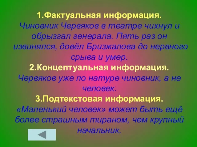 1.Фактуальная информация. Чиновник Червяков в театре чихнул и обрызгал генерала. Пять раз