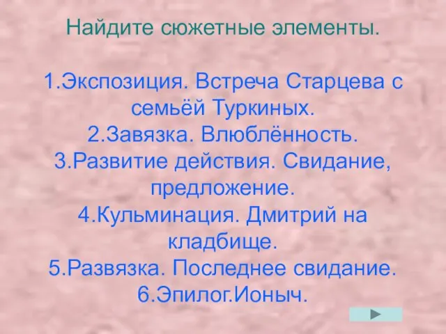 Найдите сюжетные элементы. 1.Экспозиция. Встреча Старцева с семьёй Туркиных. 2.Завязка. Влюблённость. 3.Развитие