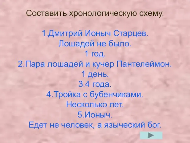 Составить хронологическую схему. 1.Дмитрий Ионыч Старцев. Лошадей не было. 1 год. 2.Пара